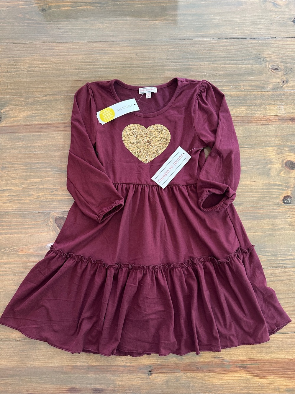 Girls Quarter/Long Sleeve Burgundy Dress with Gold Heart.